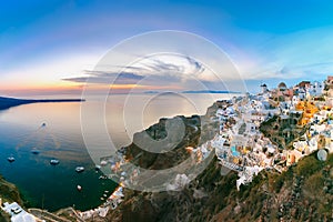 Panorama of Oia at sunset, Santorini, Greece