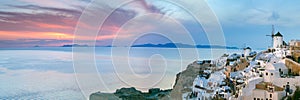 Panorama of Oia at sunset, Santorini, Greece