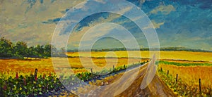 Panorama Oil painting road in a yellow field of ripe grain ears landscape
