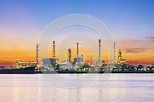 Panorama of oil refinery with reflection, petrochemical plant.