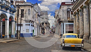 Panorama with old car in Havana street