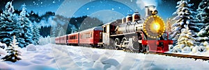 Panorama of an old christmas steam locomotive driving at night through a dreamlike snowy landscape at christmas time