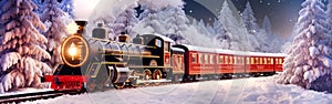 Panorama of an old christmas steam locomotive driving at night through a dreamlike snowy landscape at christmas time