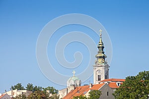 Panorama of the old city of Belgrade with a focus on Saint Michael Cathedral, also known as Saborna Crkva, with iconic clocktower
