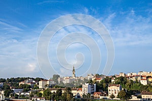 Panorama of the old city of Belgrade with a focus on Saint Michael Cathedral, also known as Saborna Crkva, with iconic clocktower