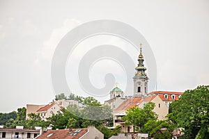 Panorama of the old city of Belgrade with a focus on Saint Michael Cathedral, also known as Saborna Crkva, with its clocktower