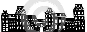 Panorama of the old city. Black silhouettes of houses on a white background. Printmaking style.