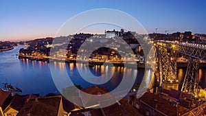 Panorama of old city Porto at river Duoro after sunset day to night timelapse, Oporto, Portugal