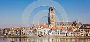 Panorama of old houses and historic church tower in Deventer