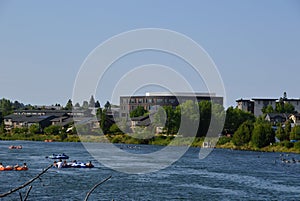 Panorama of Old Mill District in Summer at the Deschutes River in the City of Bend, Oregon