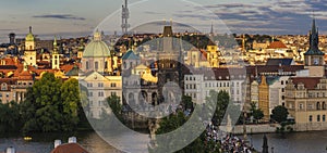 Panorama of Old Prague and the Charles Bridge during a beautiful sunset