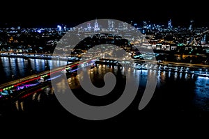 Panorama of the Old Town and downtown Warsaw over Vistula river. City Center. Europe.  Aerial View