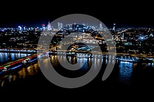 Panorama of the Old Town and downtown Warsaw over Vistula river. City Center. Europe.  Aerial View