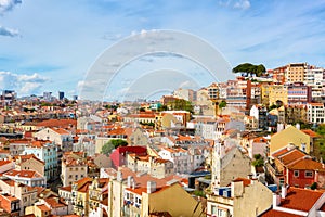 Panorama of the old town in Lisbon in sunny spring day, Portugal. The Mouraria and Graca historical districts