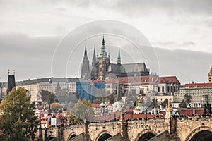 Panorama of the Old Town of Prague, Czechia, with Hradcany hill, Prague Castle,St Vitus Cathedral Prazsky hrad & Charles Bridge