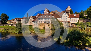 Panorama of the old town of Schwaebisch Hall seen from the island in the river Kocher