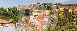 Panorama of old town Siena, Tuscany, Italy with houses, cypress