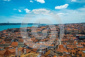 Panorama of old traditional city of Lisbon with red roofs.