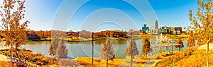 Panorama Omaha Nebraska Heartland of America Park at The Riverfront in Fall.