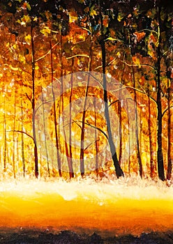 Panorama orange autumn sunny warm park alley forest original oil painting