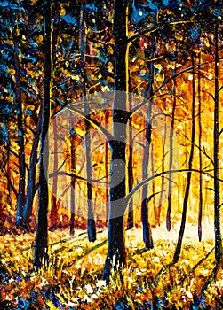 Panorama orange autumn sunny warm park alley forest original oil painting