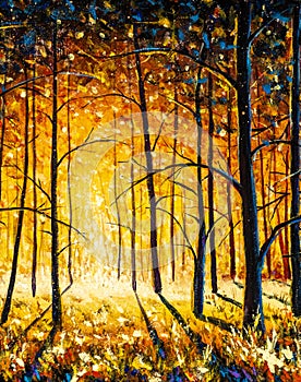 Panorama orange autumn sunny warm park alley forest original oil painting