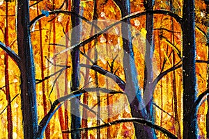 Panorama orange autumn sunny warm park alley forest original oil painting
