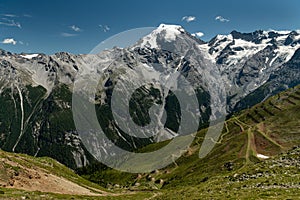 Panorama of the Ortler Alps near Stelvo Pass on a sunny day in summer