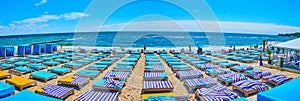 Panorama of Otrada Beach with blue trestle beds, Odessa, Ukraine