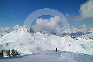 Panorama over alpine snowy peaks, ski pistes .