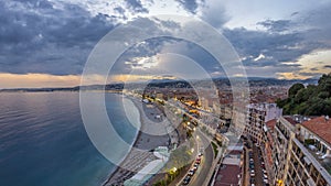 Panorama over Nice city and Mediterranean Sea aerial day to night timelapse