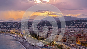 Panorama over Nice city and Mediterranean Sea aerial day to night timelapse