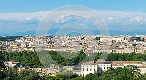 Panorama over Rome city in Italy, from high angle viewpoint.