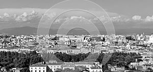 Panorama over Rome city in Italy, from high angle viewpoint.