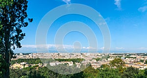 Panorama over Rome city in Italy, from high angle viewpoint.