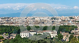 Panorama over Rome city in Italy, from high angle viewpoint.