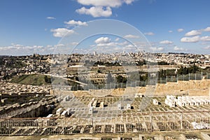 Panorama overlooking the Old City of Jerusalem, including the Dome of the Rock and the Western Wall. Taken from the Mount of