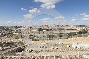 Panorama overlooking the Old City of Jerusalem, including the Dome of the Rock and the Western Wall. Taken from the Mount of