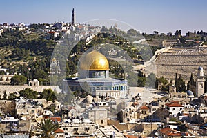 Panorama overlooking the Old city of Jerusalem, Israel, including the Dome of the Rock