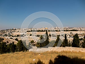 Panorama overlooking the Old City of Jerusalem, Israel, including the Dome of the Rock and the Western Wall. Taken from the Mount