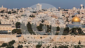 Panorama overlooking the Old City of Jerusalem, Israel, including the Dome of the Rock and the Western Wall. Taken from the Mount