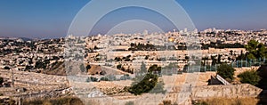 Panorama overlooking the Old City of Jerusalem, Israel, including the Dome of the Rock and the Western Wall. Taken from the Mount