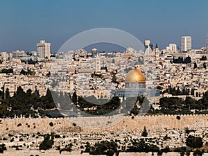 Panorama overlooking the Old City of Jerusalem, Israel, including the Dome of the Rock and the Western Wall. Taken from the Mount