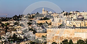 Panorama overlooking the Old City of Jerusalem, Israel, including the Dome of the Rock and the Western Wall. Taken from the Mount