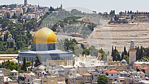 Panorama overlooking the Old city of Jerusalem timelapse, Israel, including the Dome of the Rock