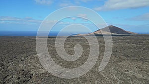 panorama overview Volcano lava field Lanzarote Dramatic aerial view flight drone