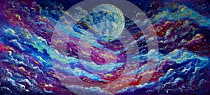 Panorama painting of glowing planet universe on blue purple starry night space sky