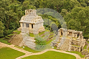 Panorama of Palenque archaeological site, a pre Columbian Maya civilization of Mesoamerica. Known as Lakamha Big Water, Mexico