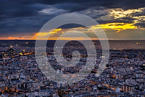 Panorama of Paris city from the Montparnasse tower at dusk. France