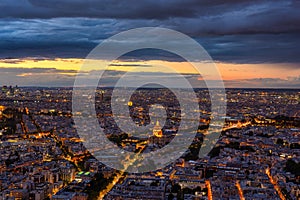 Panorama of Paris city from the Montparnasse tower at dusk. France